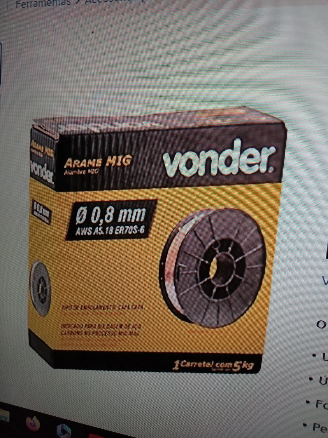 Arame Solda Mig 0.8mm Carretel Com 5kg Uso Com Gás Vonder